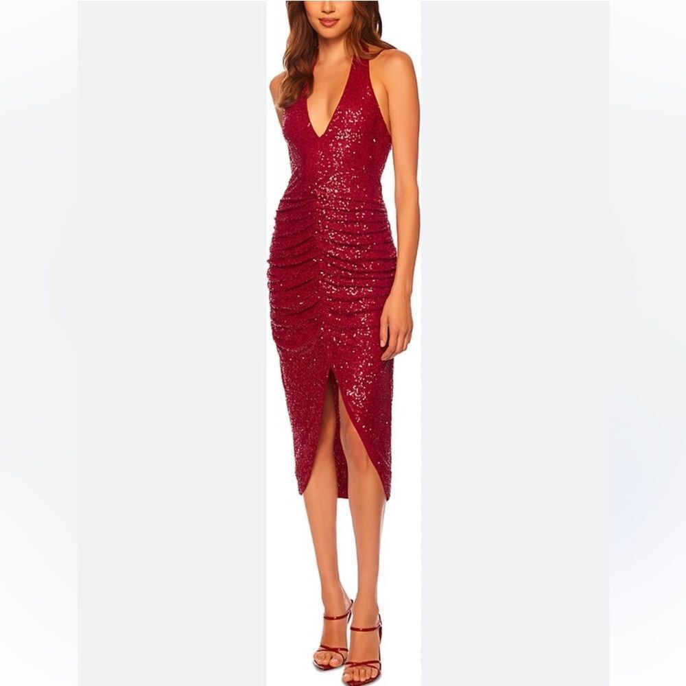 NEW Susana Monaco Red Sequin Halter Ruched Stretch Midi Dress Size Medium - Picture 2 of 10